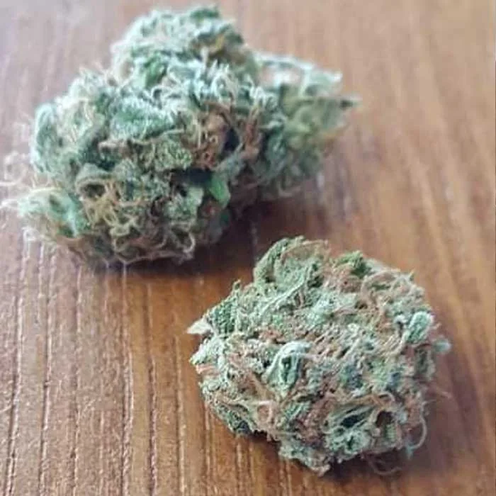 Two cured cannabis flowers on a wood surface